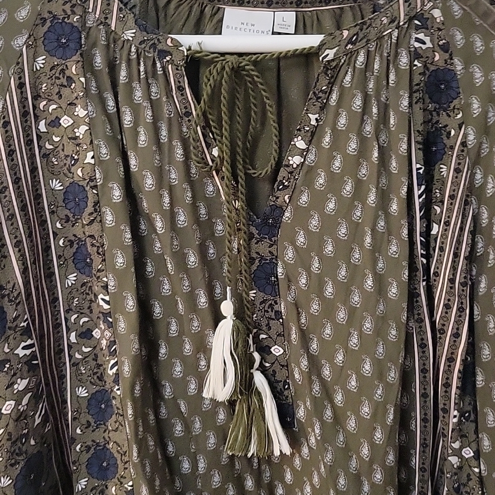 New DIRECTIONS Olive Green Floral Paisley Peasant Long Sleeve Hippy Tunic - Picture 6 of 12